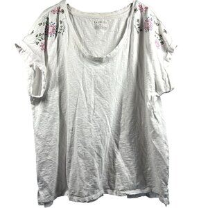 Talbots Womens Top Size XL Embroidered White Cap Sleeves Pullover Slubbed Cotton